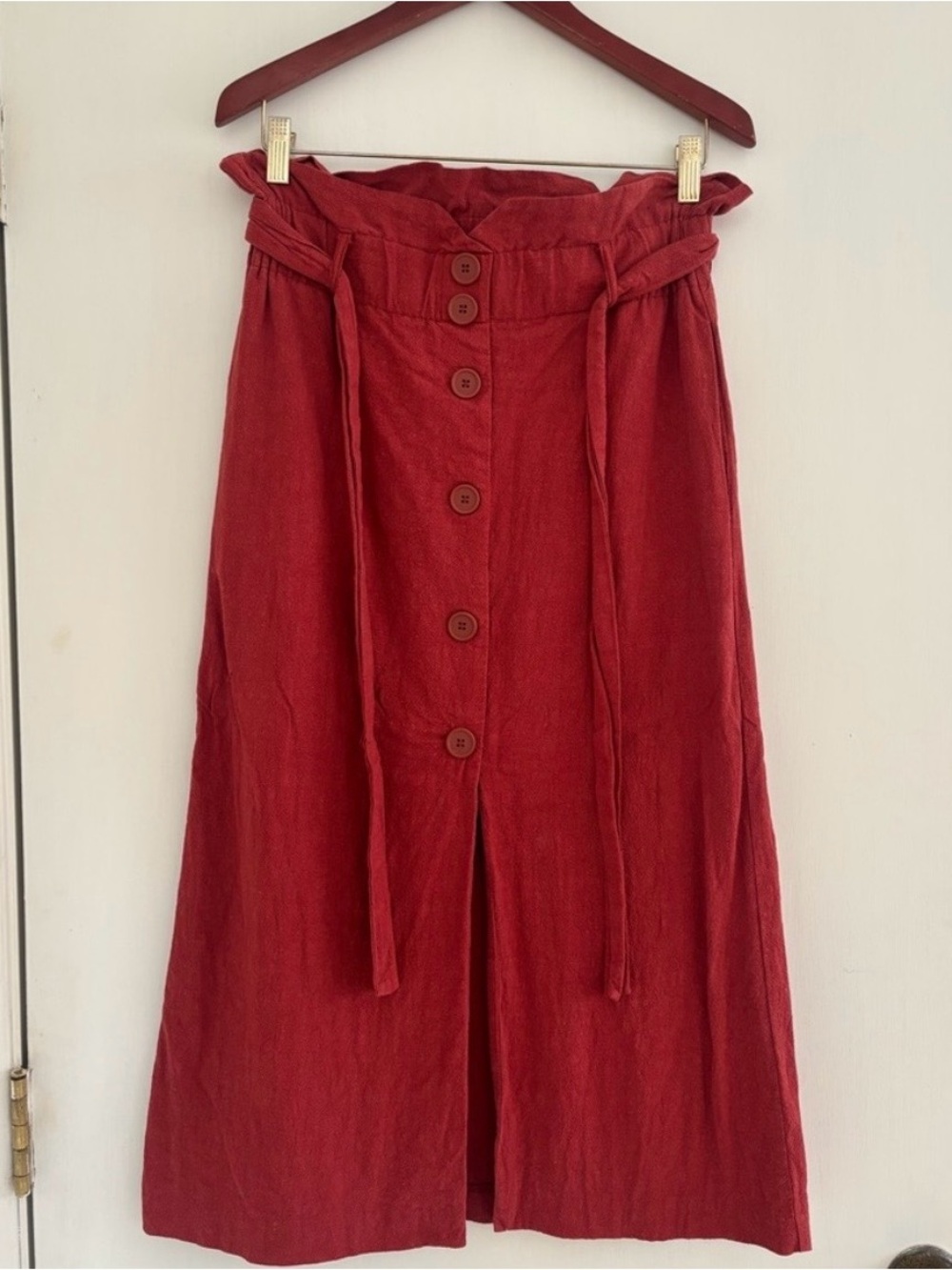Zara Rust Red Button-Front Midi Skirt with Tie Waist